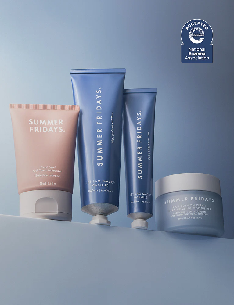 Collection of Summer Fridays skincare products on a light blue background